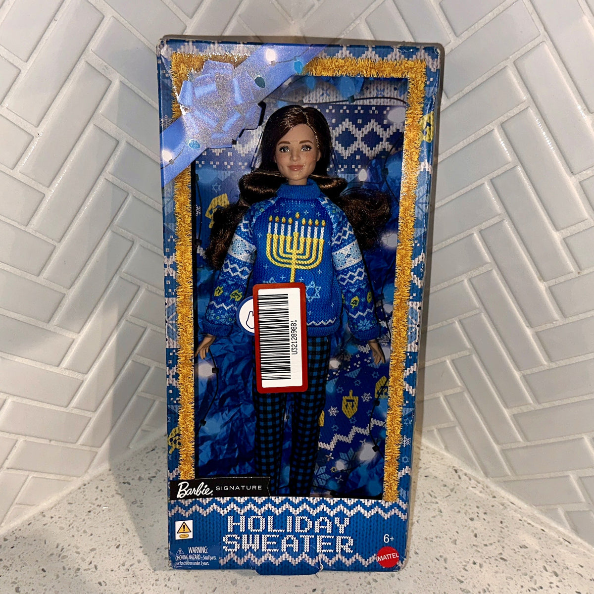 Barbie Holiday Themed Ugly Sweater Fashion Doll in Hanukkah Menorah Knit Sweater Front – Limited Collectibles
