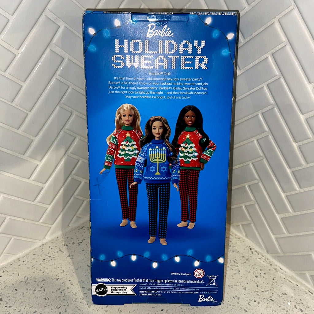 Barbie Holiday Themed Ugly Sweater Fashion Doll in Hanukkah Menorah Knit Sweater Rear