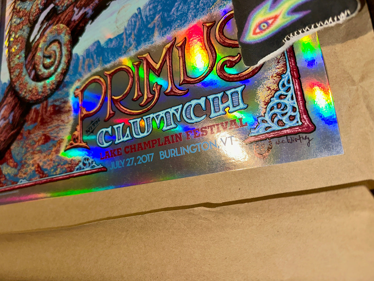 Primus 2017 Burlington Concert Poster Doodled Rainbow Foil Variant NC Winters Up Close Bottom Right – Limited Collectibles