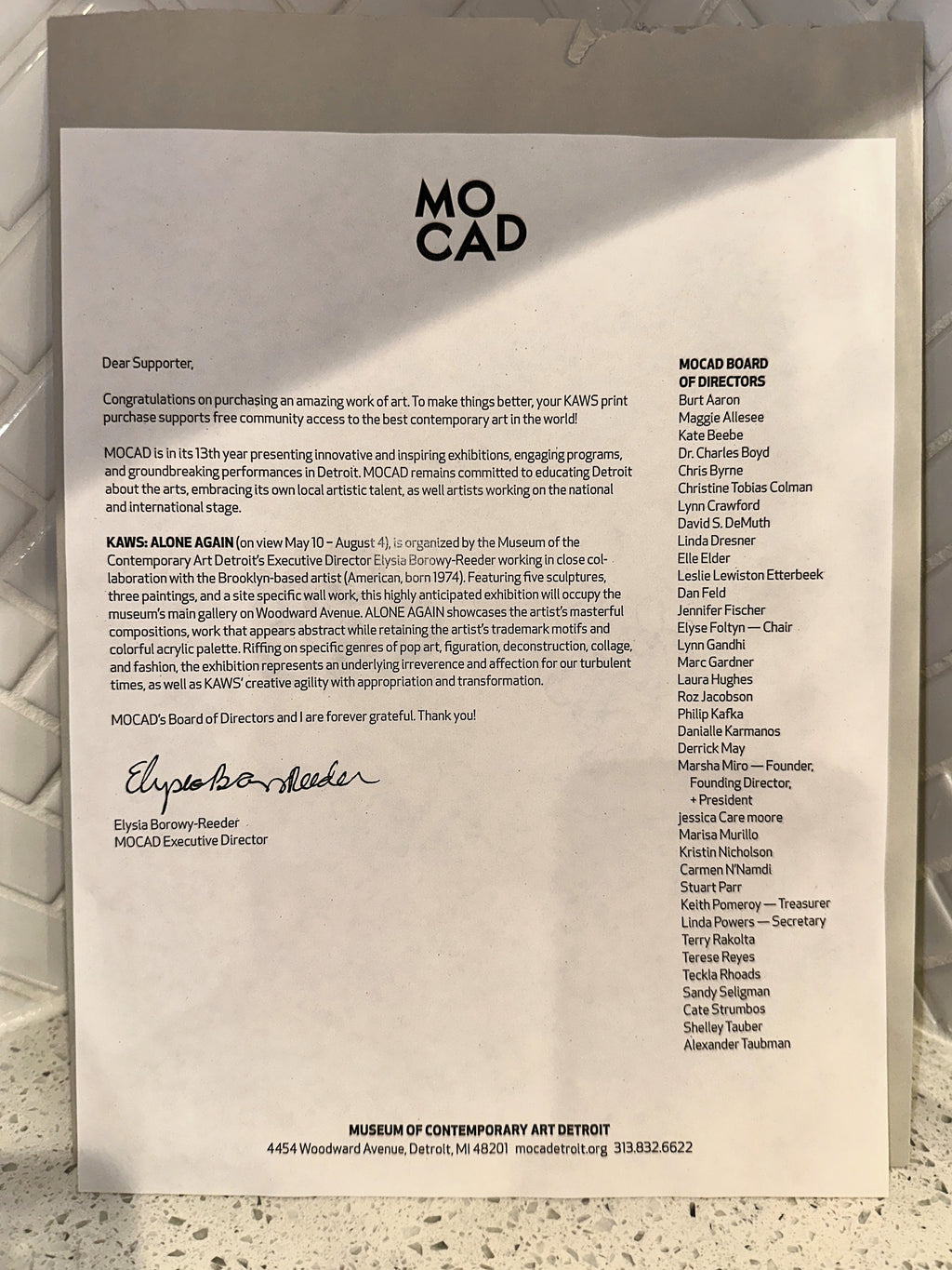 Kaws MOCAD 2019 Untitled Alone Again Signed Stamped Hand Colored Screenprint Donation Letter