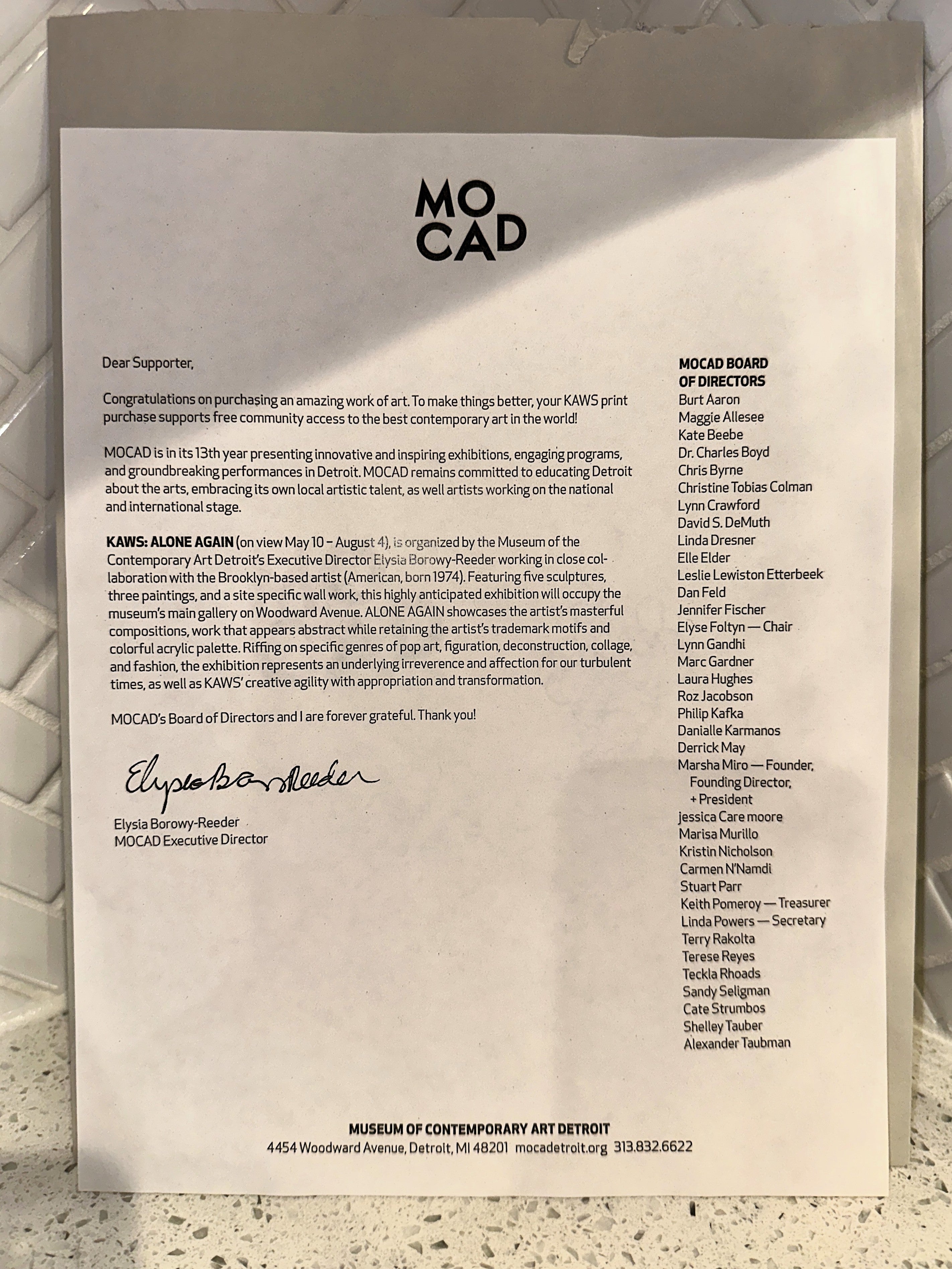 Kaws MOCAD 2019 Untitled Alone Again Signed Stamped Hand Colored Screenprint Donation Letter – Limited Collectibles
