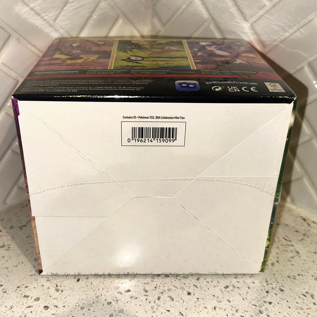 Pokemon TCG Mega Evolution 30th Celebration Mini Tin Collection Display Bottom UPC Barcode