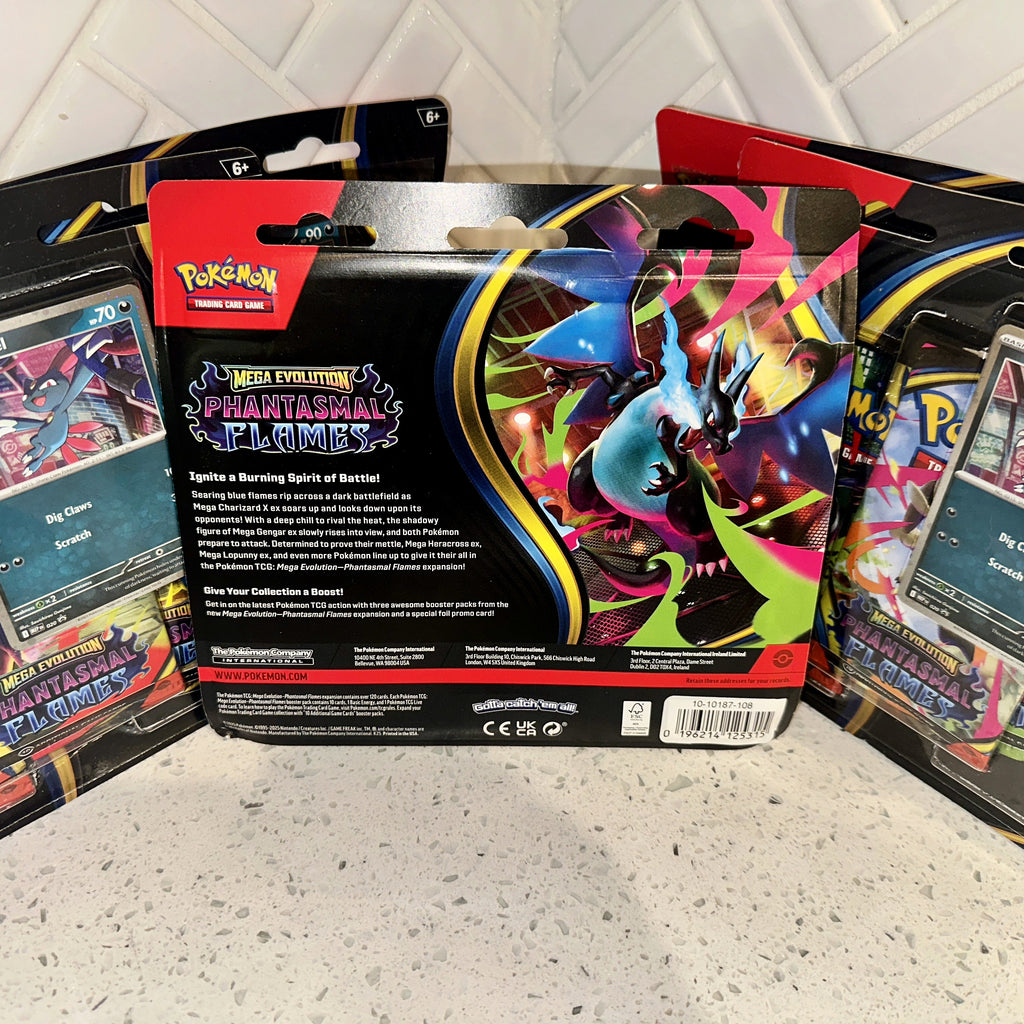 Pokemon TCG Mega Evolution ME02 Phantasmal Flames 3-Pack Blister Collection Rear UPC Barcode