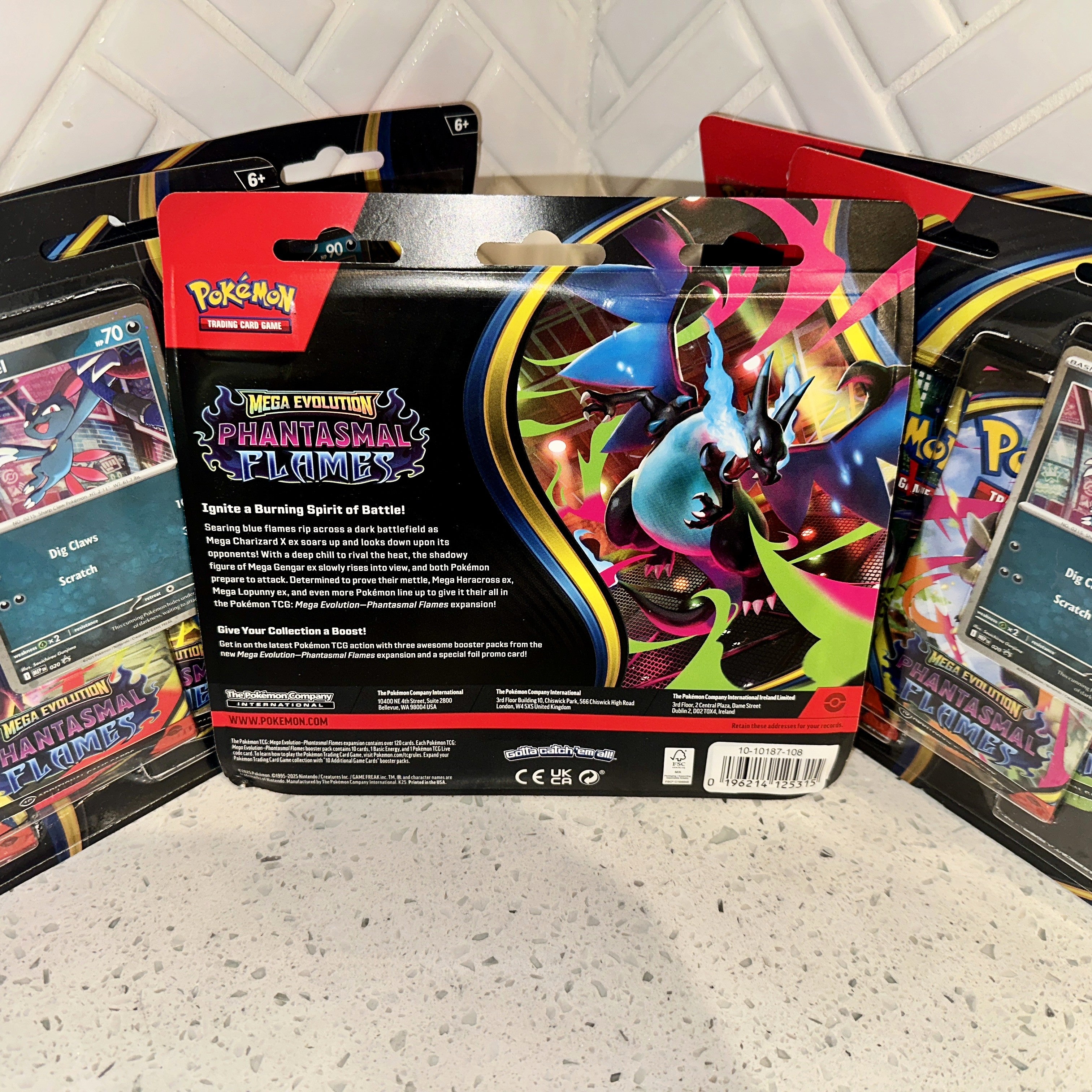 Pokemon TCG Mega Evolution ME02 Phantasmal Flames 3-Pack Blister Collection Rear UPC Barcode – Limited Collectibles