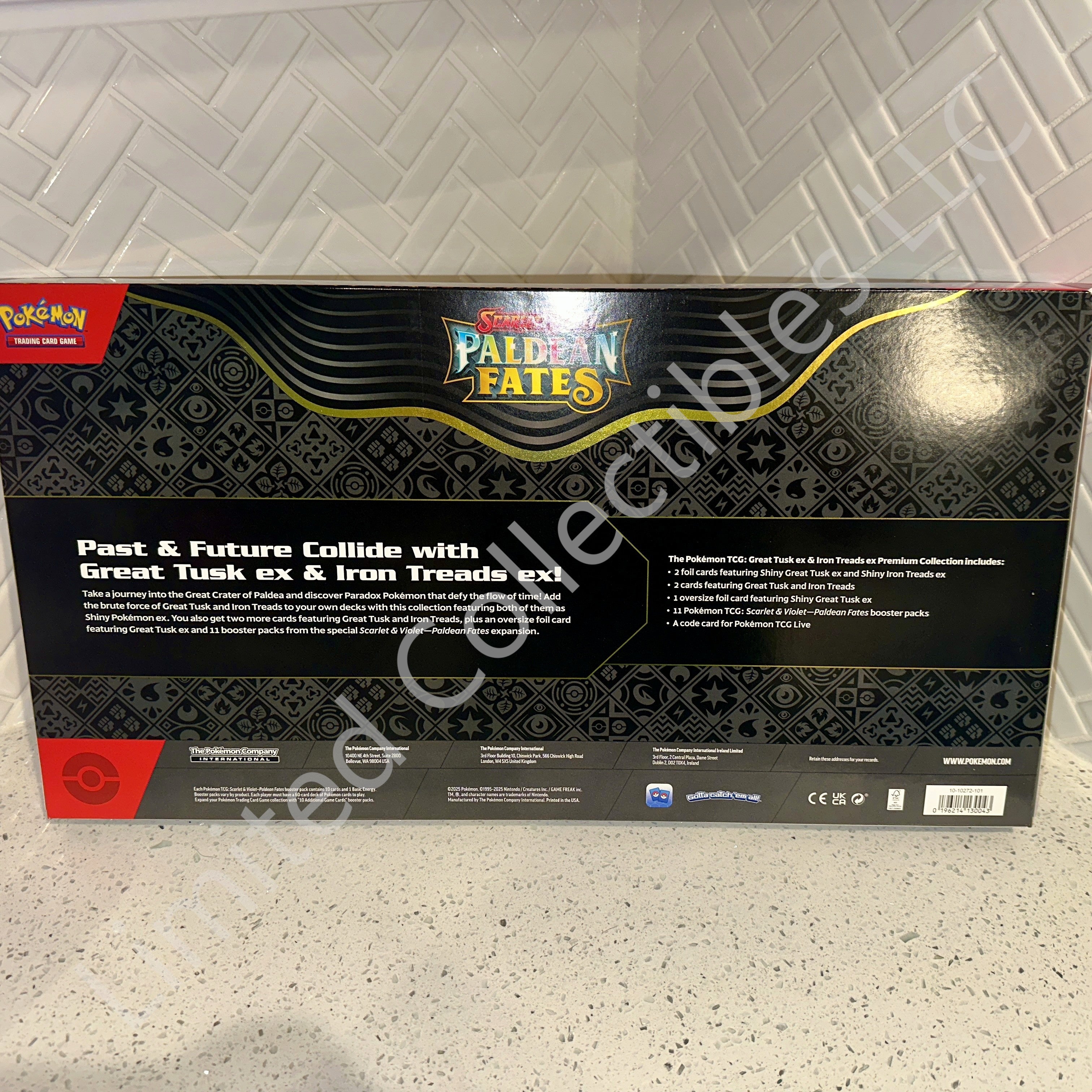 Pokemon TCG Paldean Fates Great Tusk ex Iron Treads ex Premium Collection Box Rear UPC Barcode – Limited Collectibles