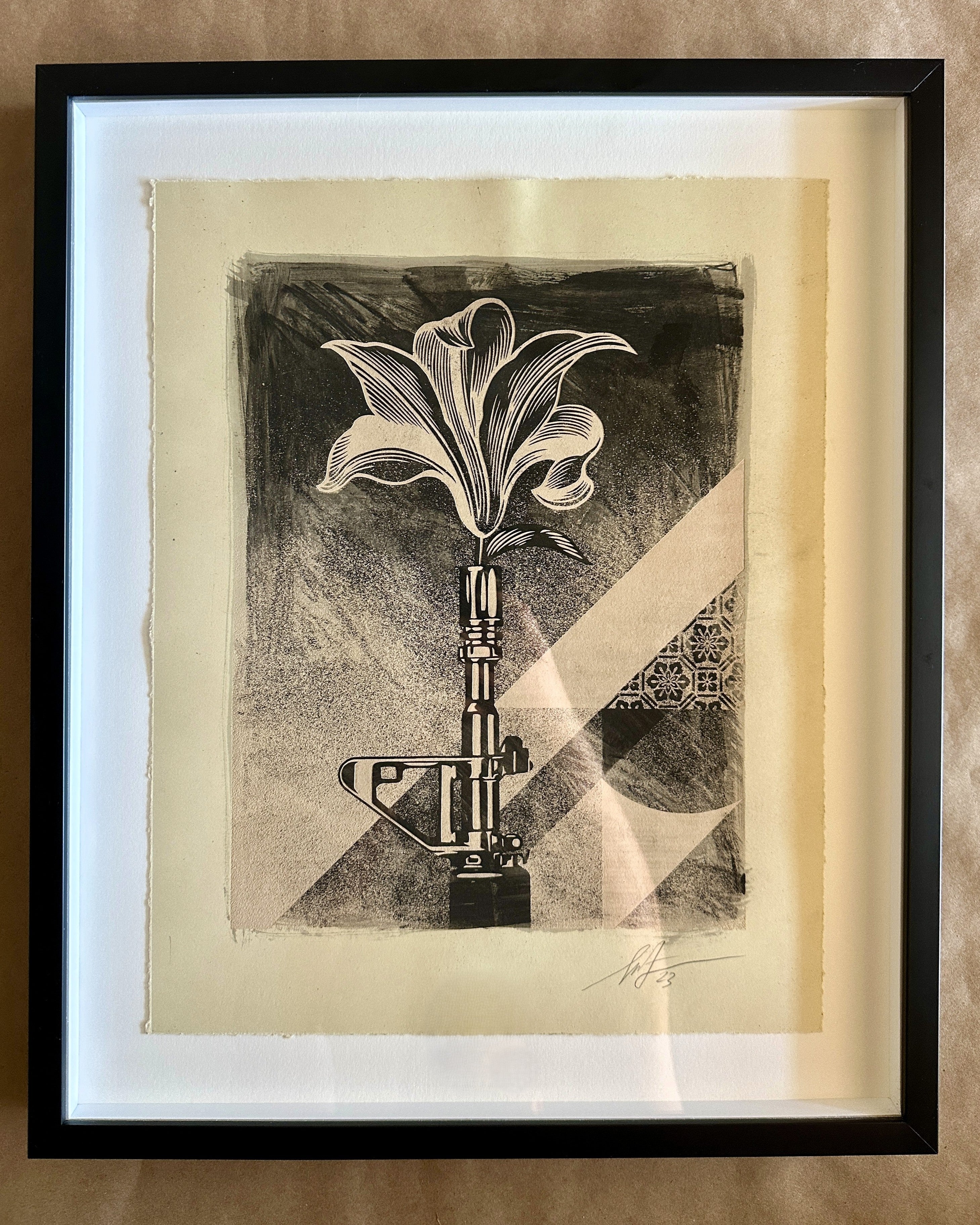 Shepard Fairey AR-15 Lily 2024 Framed Unique Mixed Media Mono-Engraving on Paper – Limited Collectibles